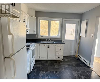 A kitchen with a white refrigerator and cabinets.