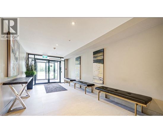 A modern living room with a bench and a table.