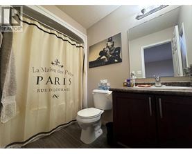 A bathroom with a shower curtain that says "La Maison des Pei" and a toilet.