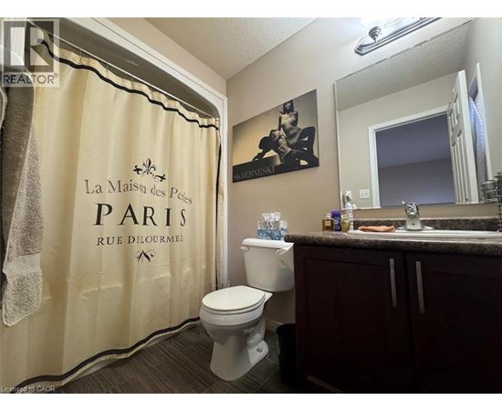 A bathroom with a shower curtain that says "La Maison des Pei" and a toilet.