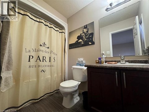 A bathroom with a shower curtain that says "La Maison des Pei" and a toilet.