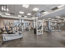 A gym with a variety of equipment including treadmills, weights, and exercise machines.
