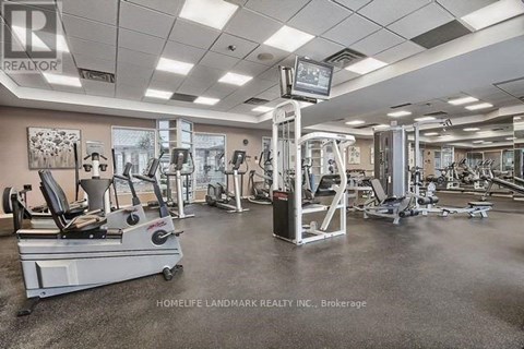 A gym with a variety of equipment including treadmills, weights, and exercise machines.