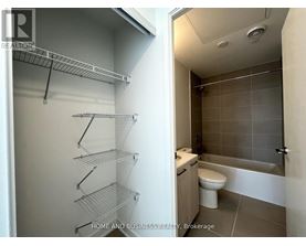 A bathroom with a walk-in shower and a pantry with shelves.