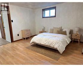 A bedroom with a bed, nightstands, and a window.