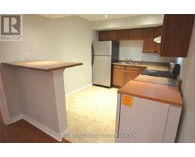 A kitchen with a refrigerator, counter, and cabinets.