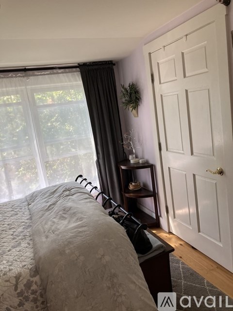 A bedroom with a bed, a window with curtains, a white door, and a small table with a plant on it.