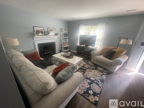 A living room with a grey couch, a fireplace, and a television.
