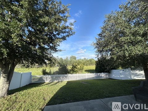 A white fence runs along a grassy area with trees on either side.