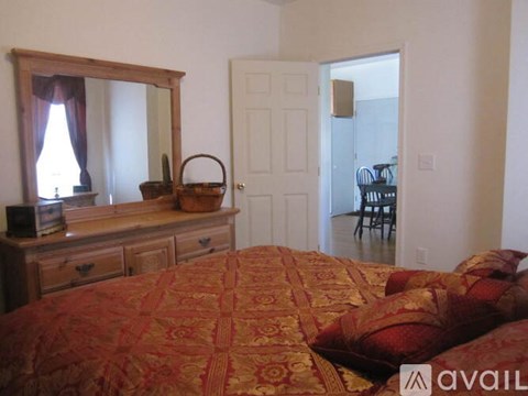 A bedroom with a bed, dresser, mirror, and chair.