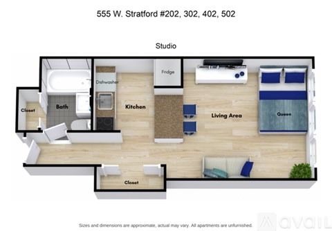 A floor plan of an apartment at 555 W. Stratford shows a living area, a kitchen, a bathroom, a dining area, and a studio.