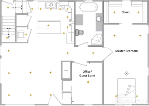 A floor plan of a house with a master bedroom, office/guest bedroom, and closet.