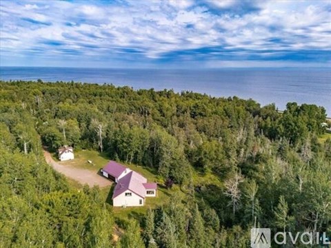 A house is surrounded by trees and is located near the water.