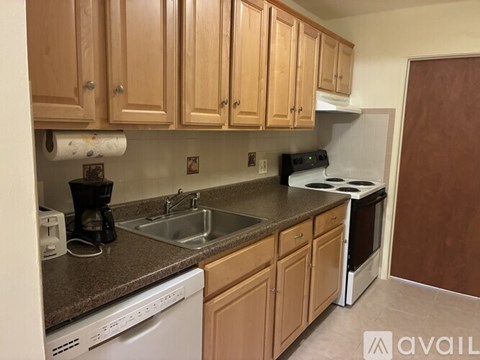 A kitchen with wooden cabinets and a white dishwasher.