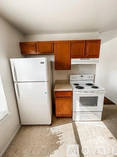 A white refrigerator and stove in a kitchen with wooden cabinets.