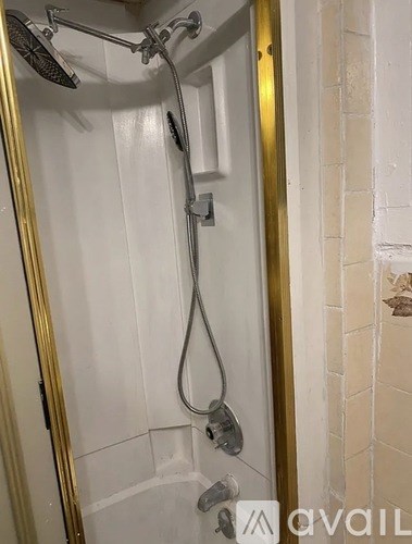 A shower with a gold frame and a glass door.