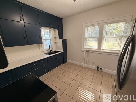 A kitchen with black cabinets and a black fridge.