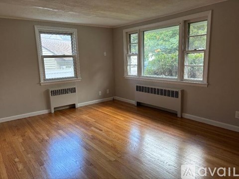 A room with wood flooring and two windows with white frames.