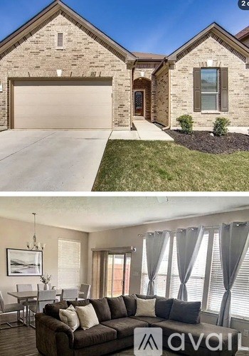 A two-story house with a garage and a living room with a couch and a dining table.