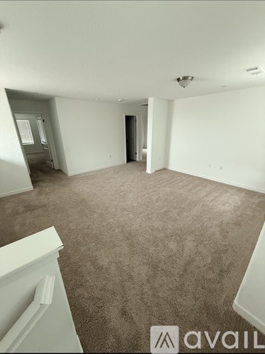 A carpeted room with a door and a window.