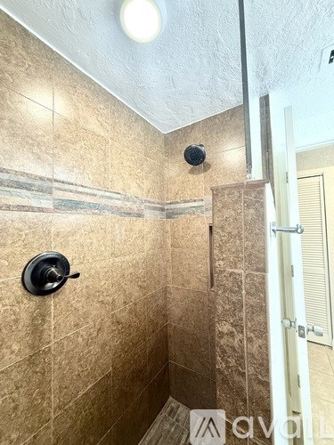 A bathroom with a shower and a toilet.