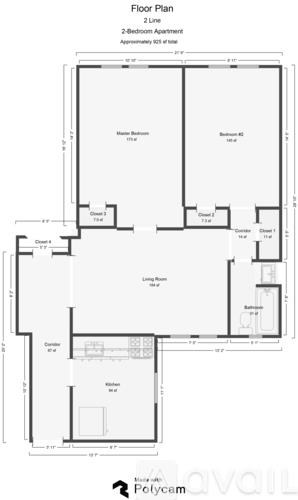 A floor plan of a 2-bedroom apartment with a living room, two bedrooms, a bathroom, and a kitchen.