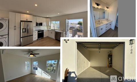 A collage of images showing a kitchen, a bathroom, a living room, and a garage.