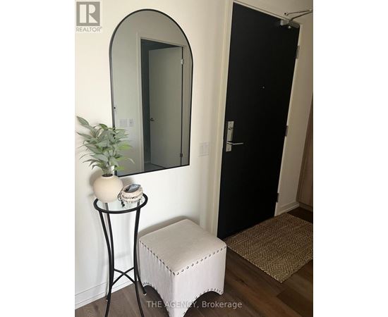 A black door is in a white room.