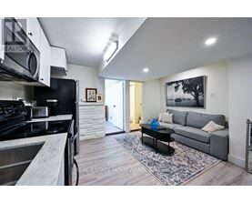 A modern kitchen with a stainless steel stove and a black fridge.