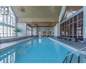 A large indoor swimming pool with a glass wall on one side.
