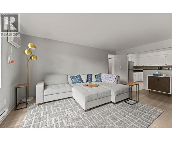 A living room with a grey couch and a grey rug.