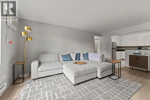A living room with a grey couch and a grey rug.