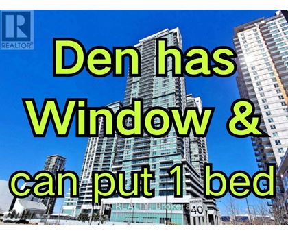 A real estate sign with the text "Den has Window & can put 1 bed" is superimposed on an image of a cityscape.