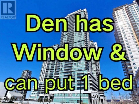 A real estate sign with the text "Den has Window & can put 1 bed" is superimposed on an image of a cityscape.