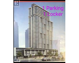 A tall building with a parking locker sign in front.