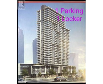 A tall building with a parking locker sign in front.