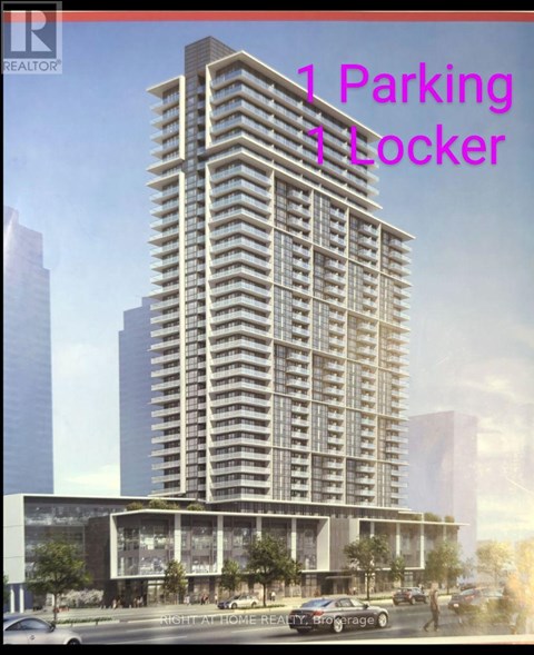 A tall building with a parking locker sign in front.