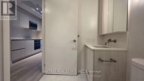 A bathroom with a sink, mirror, and toilet.