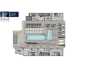 A floor plan of a building with a pool in the middle.