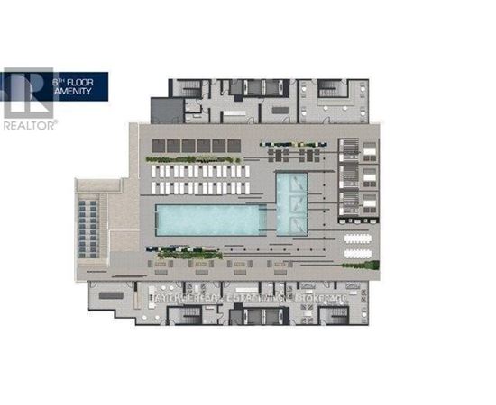 A floor plan of a building with a pool in the middle.