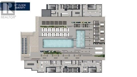 A floor plan of a building with a pool in the middle.