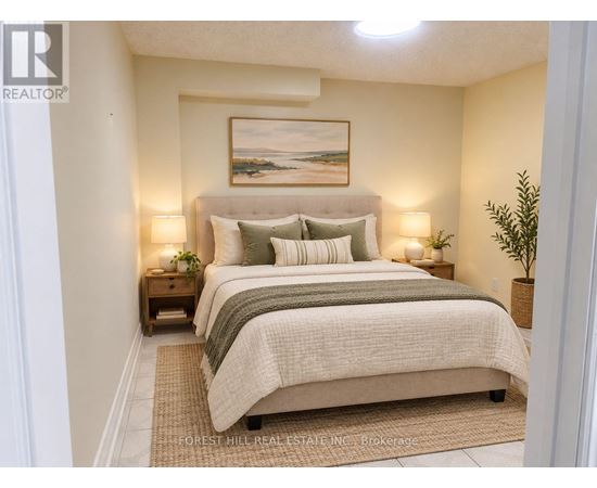 A bedroom with a bed, nightstands, and a painting on the wall.