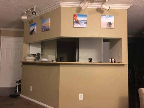 A kitchen with a counter and a shelf with pictures on the wall.