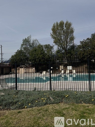 A pool surrounded by a black fence with a tree in the background.