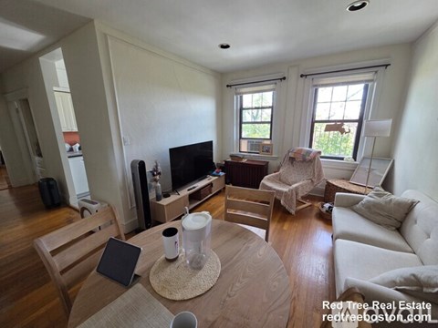 A living room with a wooden floor and a white couch.