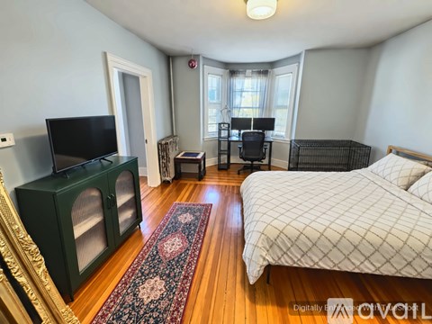 A bedroom with a bed, a television, and a rug.