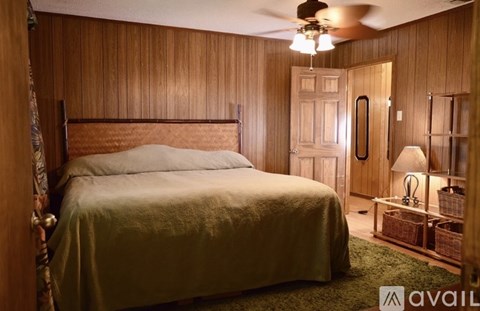 A bedroom with a bed, a ceiling fan, and a nightstand with a lamp.