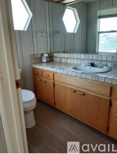 A bathroom with a toilet, sink, and wooden cabinets.