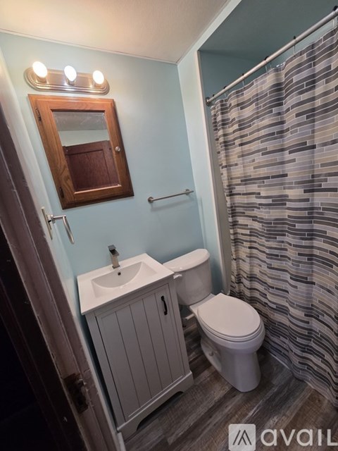 A bathroom with a toilet, sink, and shower.