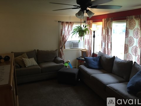 A living room with two grey couches and a ceiling fan.